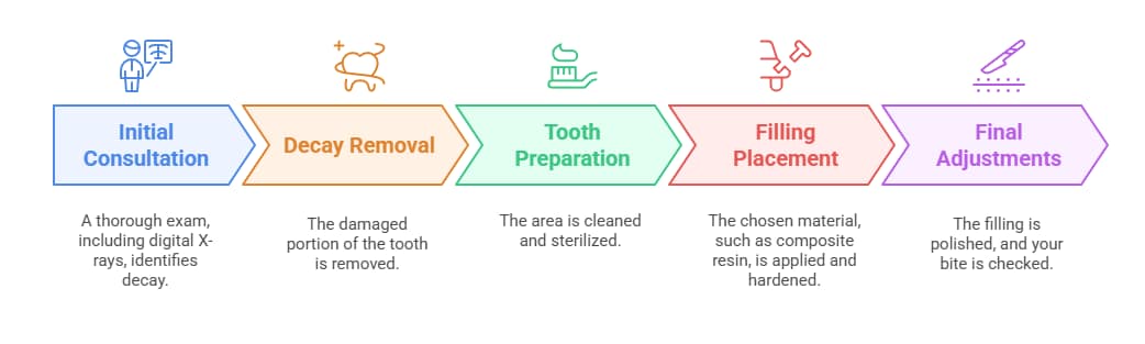 Diagram of a tooth filling procedure, including decay removal, tooth preparation, filling placement, and final adjustments.
