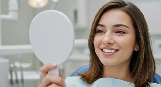 A smiling patient proudly displays their bright, newly whitened teeth after professional treatment at We Care Dental.