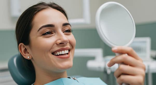 Smiling woman in Dublin, CA admires her natural-looking dental crown in a mirror at We Care Dental.