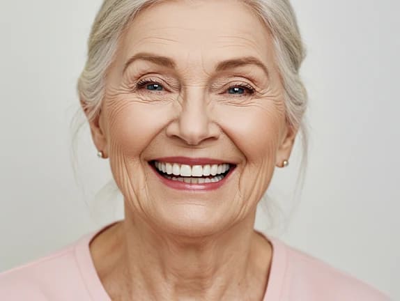Woman smiling confidently with natural-looking dentures at We Care Dental in Dublin, CA