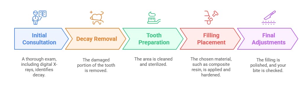 Tooth Filling Process: Steps from Decay Removal to Final Adjustments Diagram of a tooth filling procedure, including decay removal, tooth preparation, filling placement, and final adjustments.