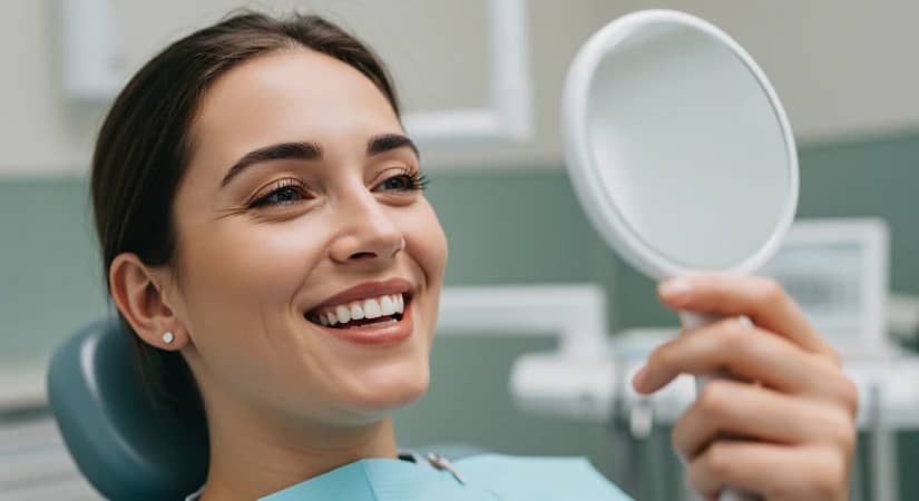 Natural-Looking Dental Crowns Dublin CA | Smile Restoration by Dr. Lardizabal Smiling woman in Dublin, CA admires her natural-looking dental crown in a mirror at We Care Dental.