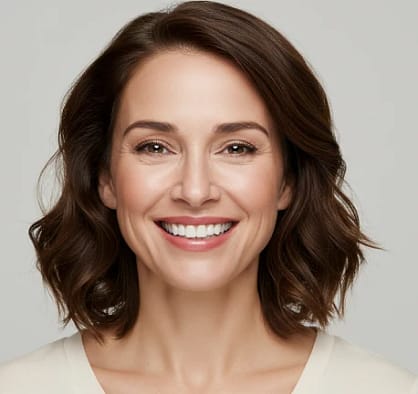 Confident woman smiling with natural-looking porcelain veneers at We Care Dental