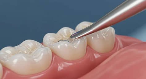 A dental professional uses a tool to clean a tooth, emphasizing We Care Dental's focus on cavity prevention with sealants. Dr. Chona applying dental sealants, emphasizing We Care Dental's focus on cavity prevention