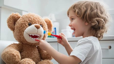 young child playing pretend dentist at home with a toothbrush and stuffed animal, practicing for their first dental visit. 