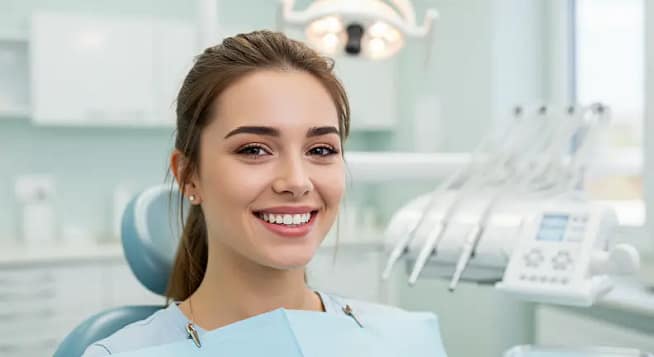 Patient smiling after deep cleaning procedure on a patient at We Care Dental in Dublin, CA