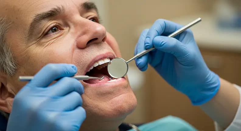 Dr. Chona Lardizabal performs a painless oral cancer screening at We Care Dental, using a VELscope® light to examine a patient’s mouth for early signs of abnormalities in a modern, reassuring clinic setting.